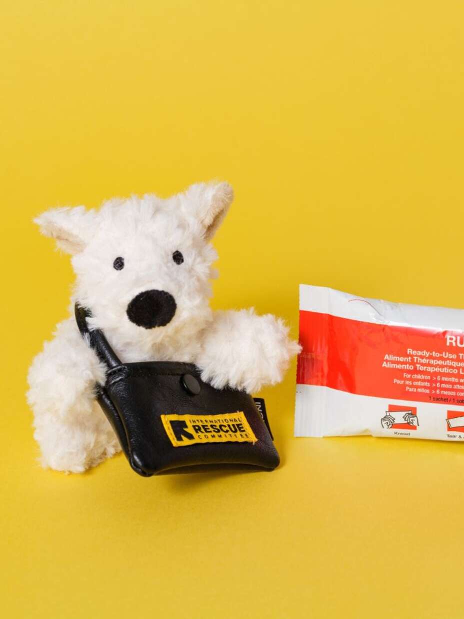 구조댕 인형이 영양실조 치료식과 함께 앉아있습니다.